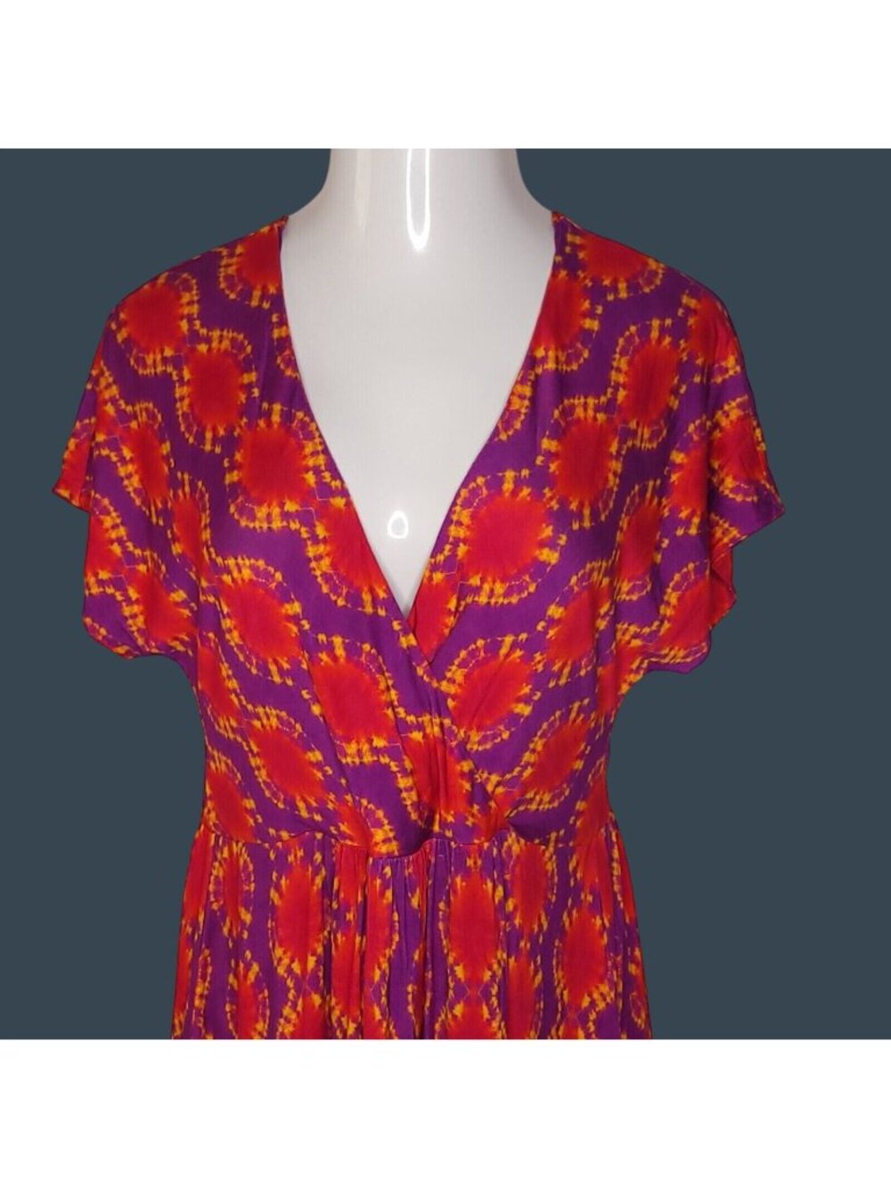 Soft Surroundings Womens Tie-Dye Dress S Purple Orange V-Neck Flutter Sleeve